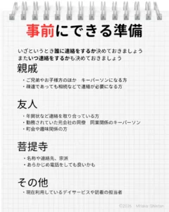 亡くなったときの連絡先 親戚：家族や兄弟、キーパーソン　相続で相談が必要と思われる方 友人：年賀状を交換している方、仕事先、同業者　町会　趣味の関係 菩提寺：あらかじめ連絡しておいても良い その他：在宅介護や看護の担当者